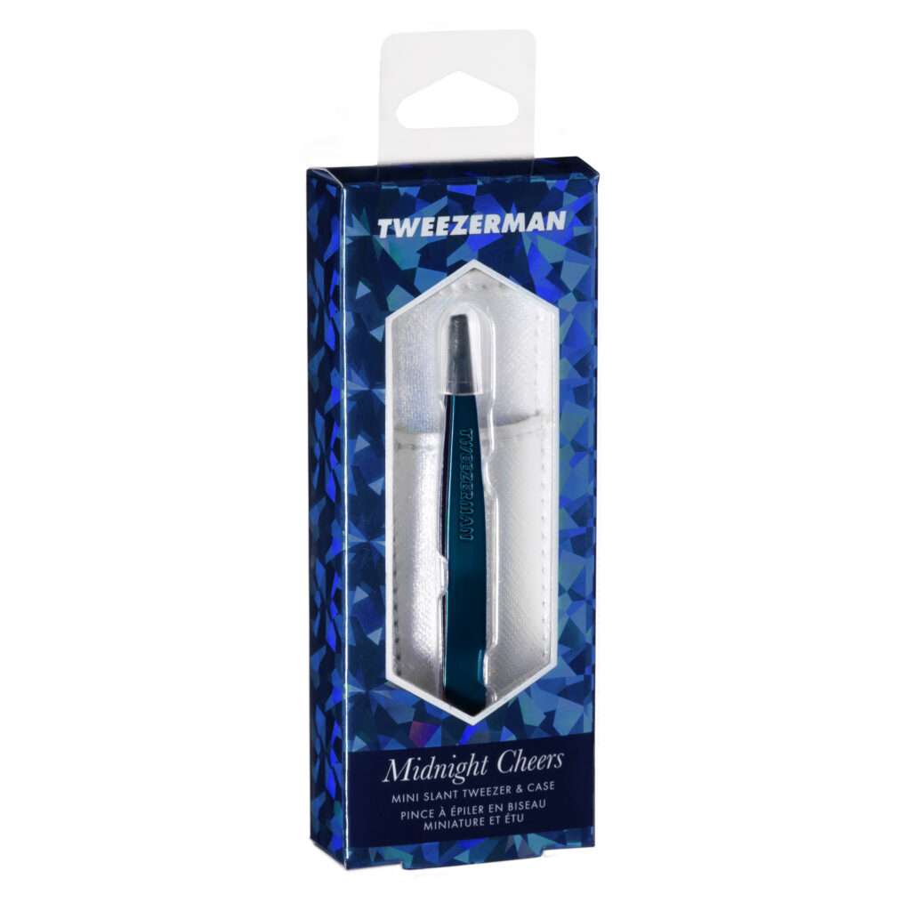 Tweezerman Mini Slant Tweezer Midnight Cheers, matkakokoiset pinsetit ja säilytyspussukka