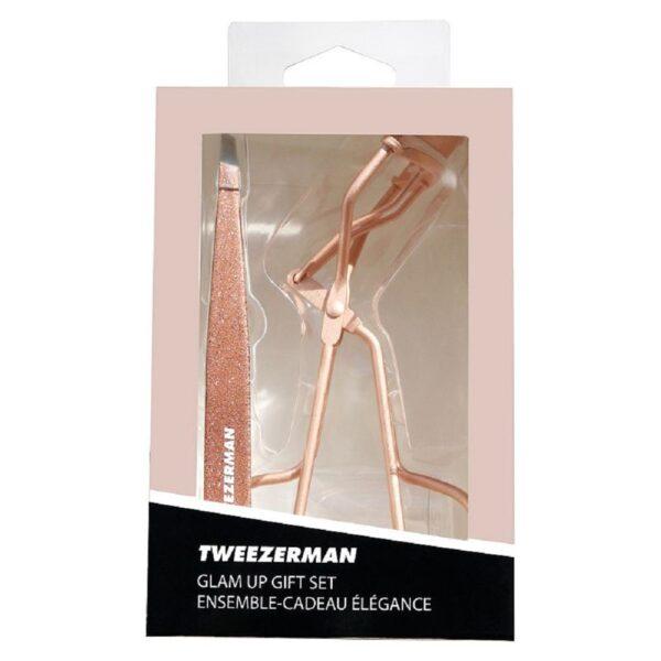 Tweezerman Glam Up Gift Set, pinsetit ja ripsientaivutin lahjapakkauksessa