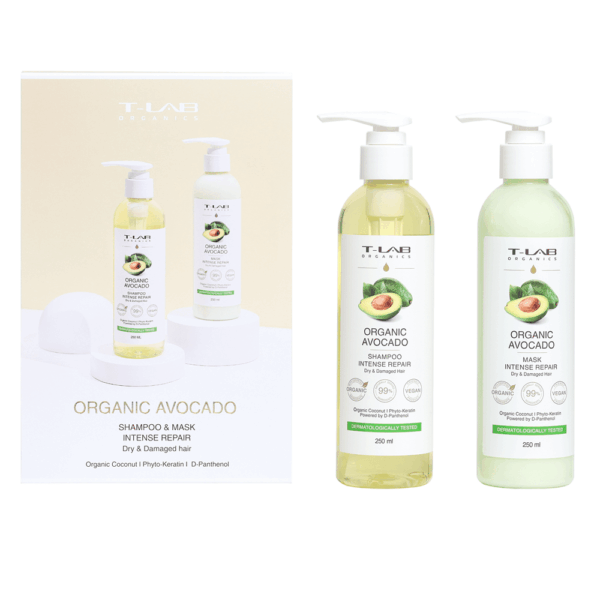 T-LAB Organic Avocado Duo Set -hiustenhoitopakkaus, 2 tuotetta