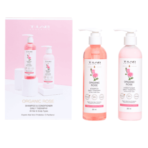 T-LAB Organic Rose Duo Set -hiustenhoitopakkaus, 2 tuotetta