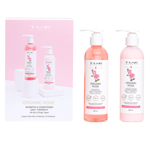 T-LAB Organic Rose Duo Set -hiustenhoitopakkaus, 2 tuotetta