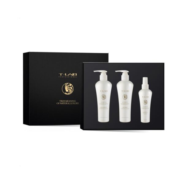 T-LAB Coco Therapy Ritual Set, lahjapakkaus käsitellyille hiuksille, 3 tuotetta